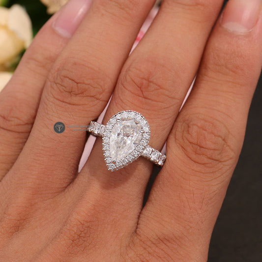 Elongated Pear Halo Moissanite Ring, Hidden Halo Wedding Ring