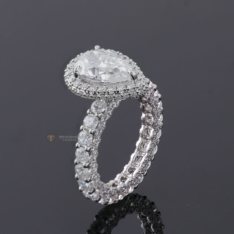 Elongated Pear Halo Moissanite Ring, Hidden Halo Wedding Ring