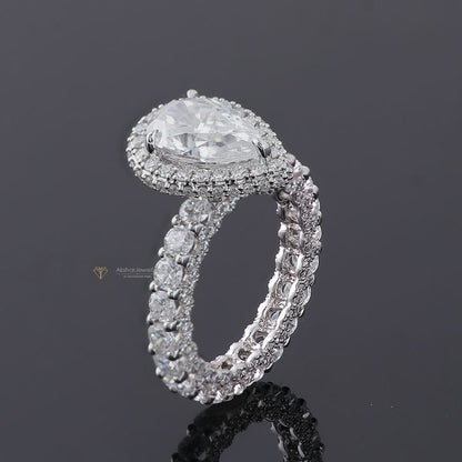 Elongated Pear Halo Moissanite Ring, Hidden Halo Wedding Ring, view 7