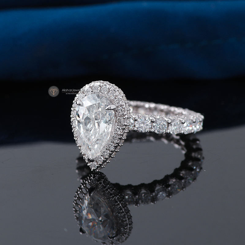 Elongated Pear Halo Moissanite Ring, Hidden Halo Wedding Ring