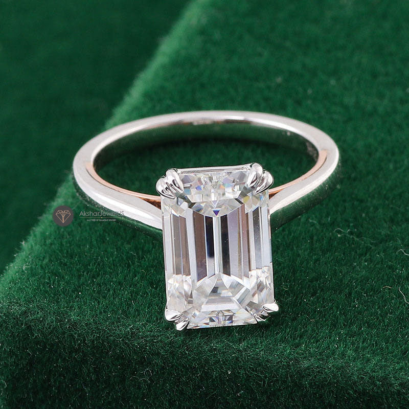 Emerald Cut Moissanite Two Tone Solitaire Engagement Vintage Ring Gift