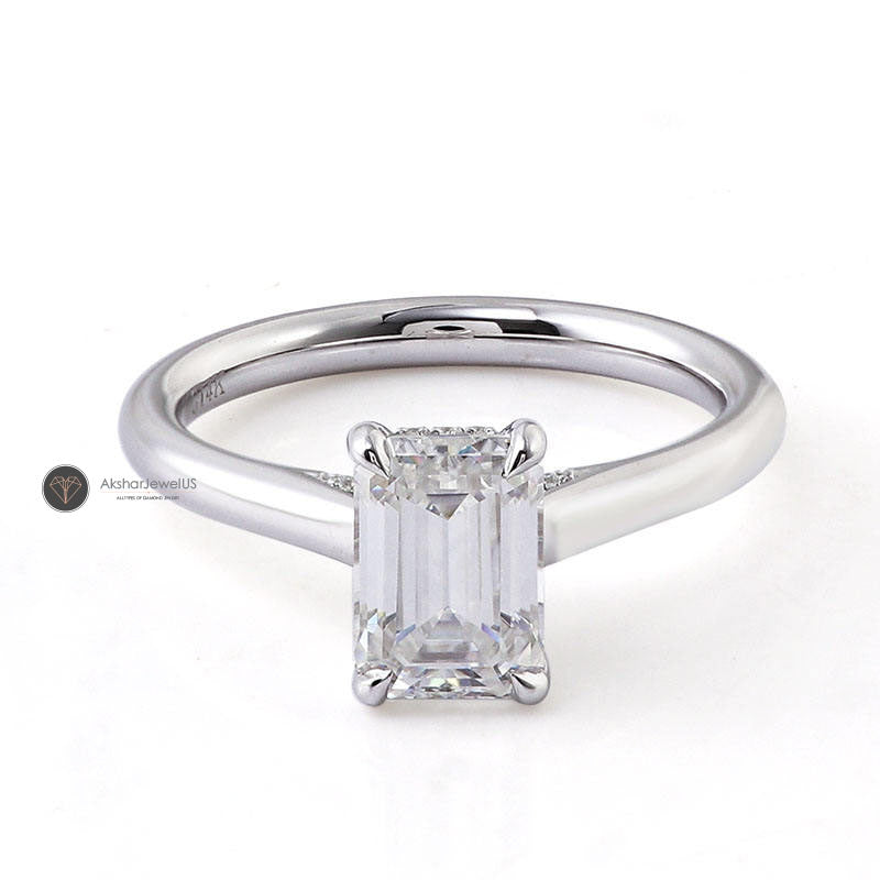 Emerald Cut Solitaire Moissanite Ring, Hidden Halo Promise Ring