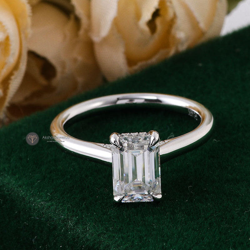 Emerald Cut Solitaire Moissanite Ring, Hidden Halo Promise Ring