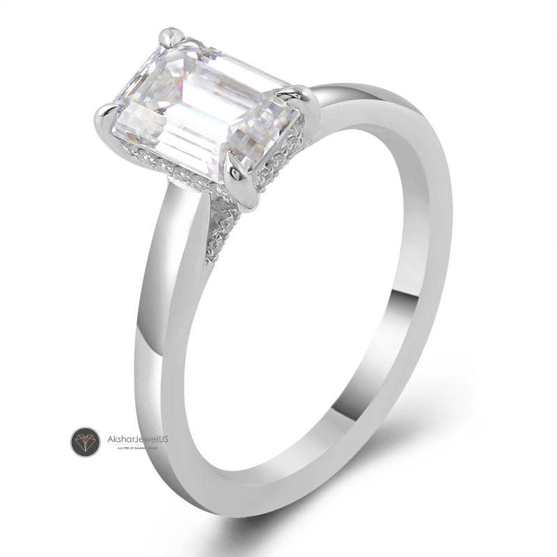 Emerald Cut Solitaire Moissanite Ring, Hidden Halo Promise Ring