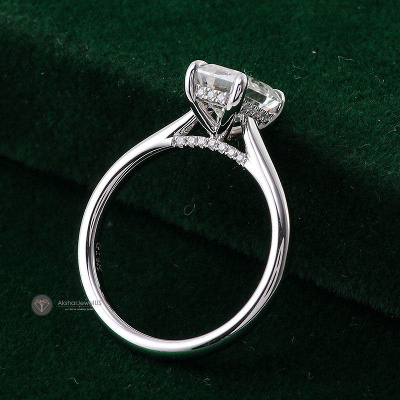 Emerald Cut Solitaire Moissanite Ring, Hidden Halo Promise Ring