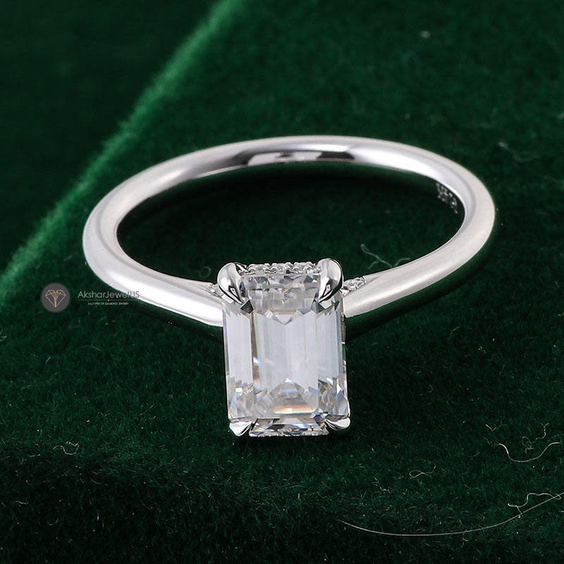 Emerald Cut Solitaire Moissanite Ring, Hidden Halo Promise Ring