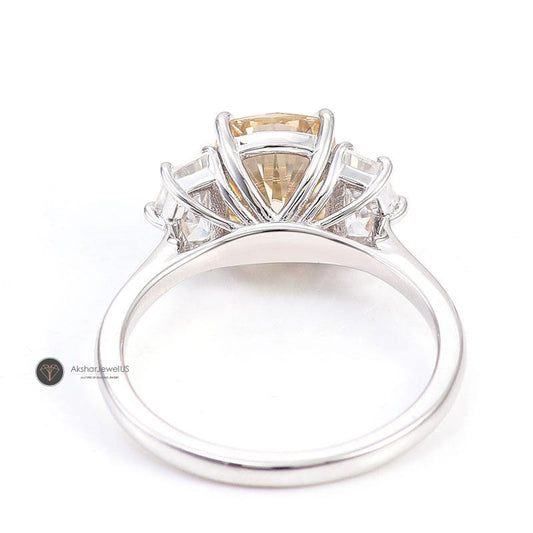Elongated Champagne Cushion Cut Moissanite Three Stone Solitaire Ring, view 1