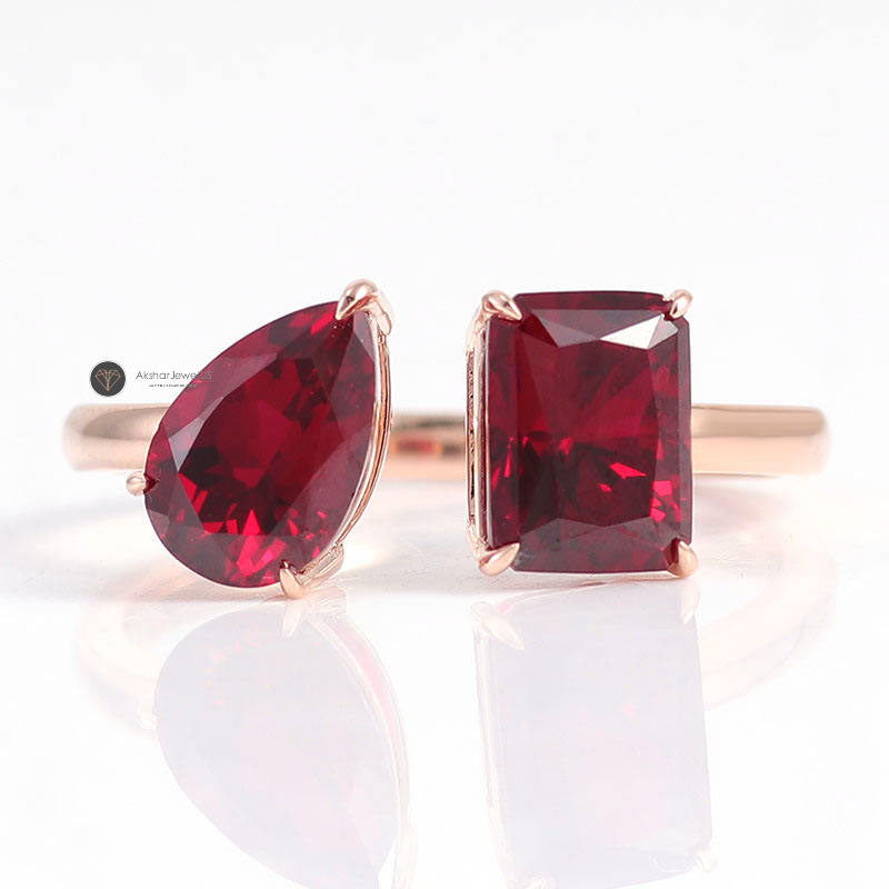 Red Ruby Pear & Radiant Cut Toi Et Moi Two Stone Ring