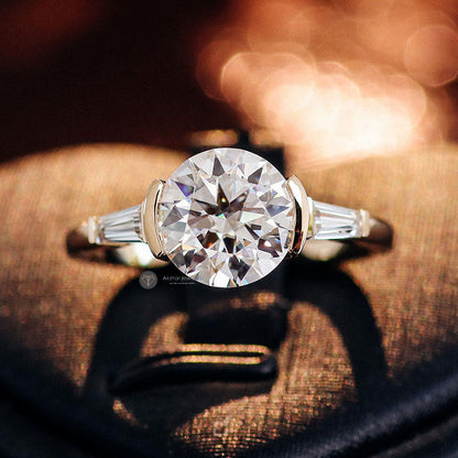 Round Brilliant Cut Moissanite Ring, Side Tapered Baguette Three Stone Ring, view 2