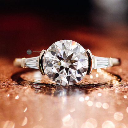 Round Brilliant Cut Moissanite Ring, Side Tapered Baguette Three Stone Ring, view 4