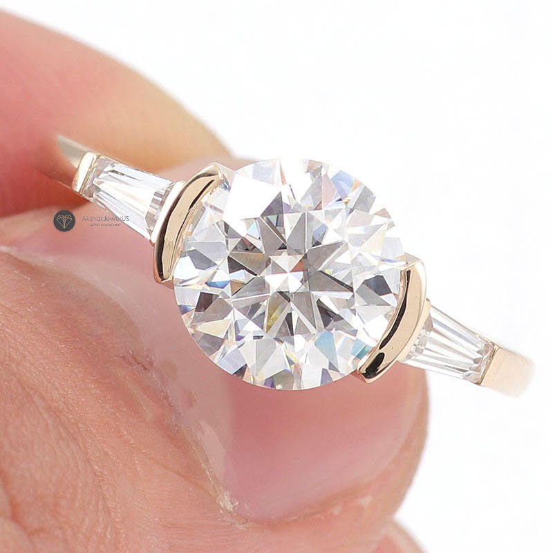 Round Brilliant Cut Moissanite Ring, Side Tapered Baguette Three Stone Ring