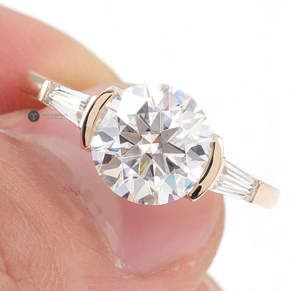 Round Brilliant Cut Moissanite Ring, Side Tapered Baguette Three Stone Ring, view 5
