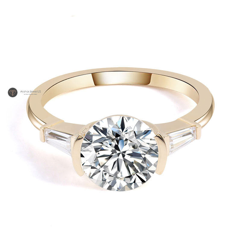 Round Brilliant Cut Moissanite Ring, Side Tapered Baguette Three Stone Ring