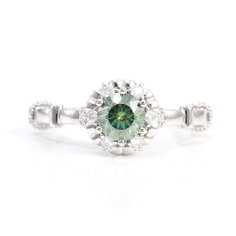 1.00CT Green Emerald Round Cut Engagement Ring, Vintage Style Flower Halo Ring