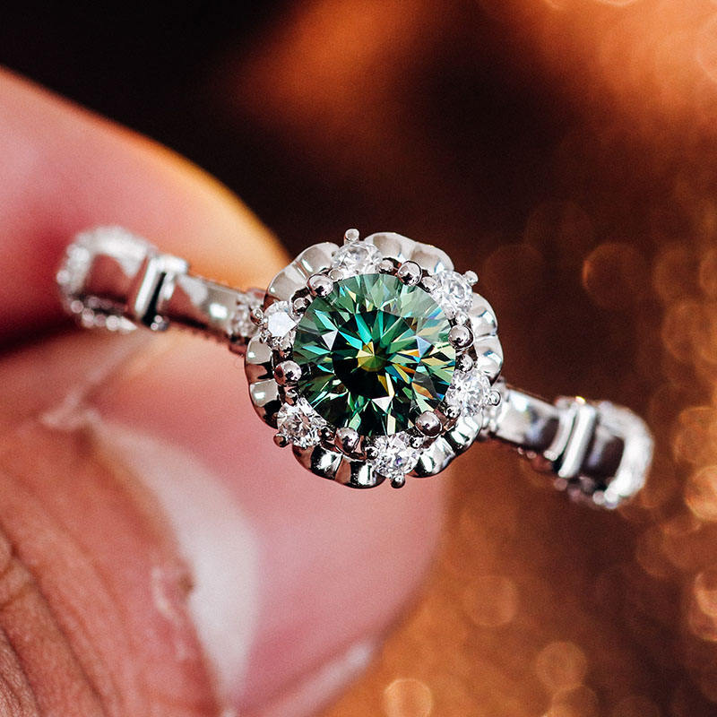 1.00CT Green Emerald Round Cut Engagement Ring, Vintage Style Flower Halo Ring