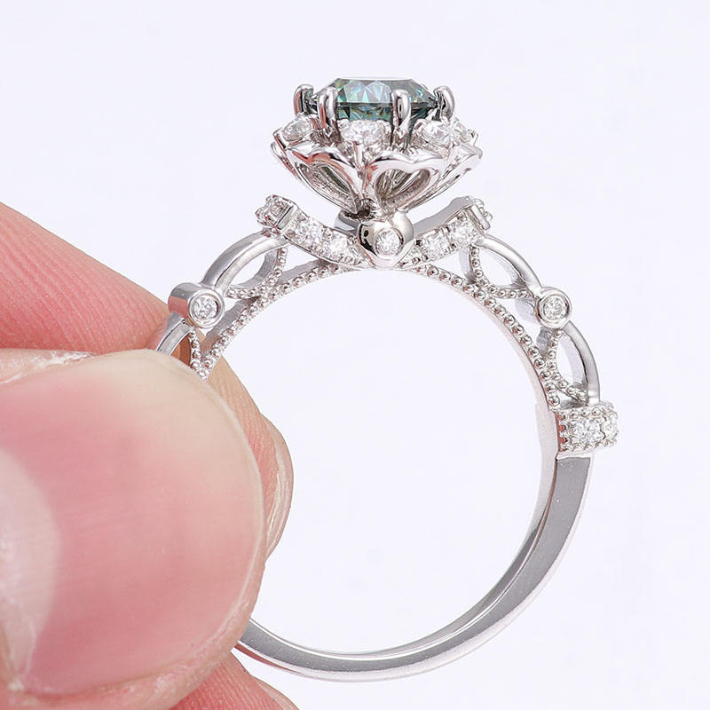 1.00CT Green Emerald Round Cut Engagement Ring, Vintage Style Flower Halo Ring