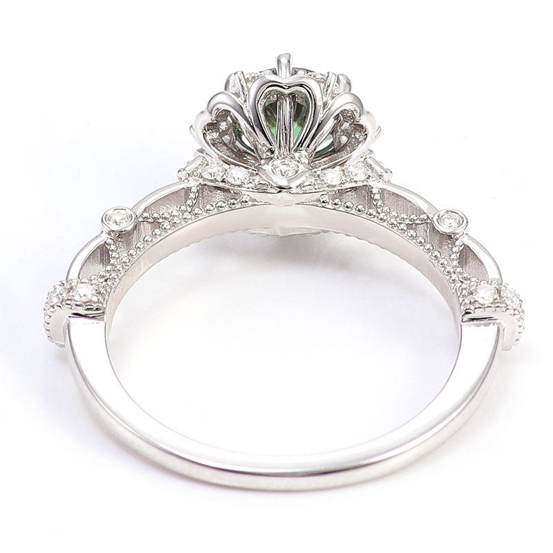 1.00CT Green Emerald Round Cut Engagement Ring, Vintage Style Flower Halo Ring