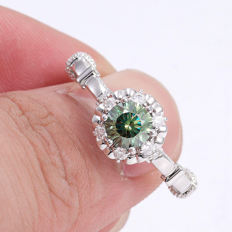 1.00CT Green Emerald Round Cut Engagement Ring, Vintage Style Flower Halo Ring