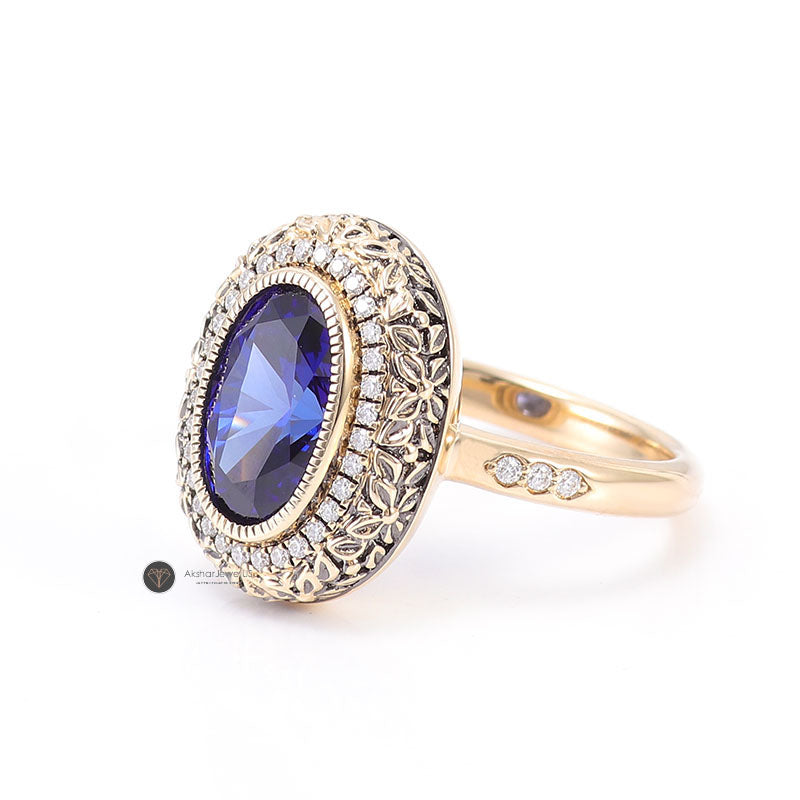 2.50CT Unique Vintage Style Halo Oval Blue Sapphire Engagement Ring, Bezel Set Ring