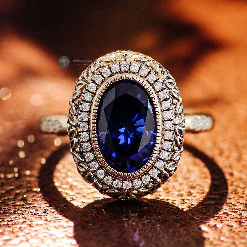 2.50CT Unique Vintage Style Halo Oval Blue Sapphire Engagement Ring, Bezel Set Ring