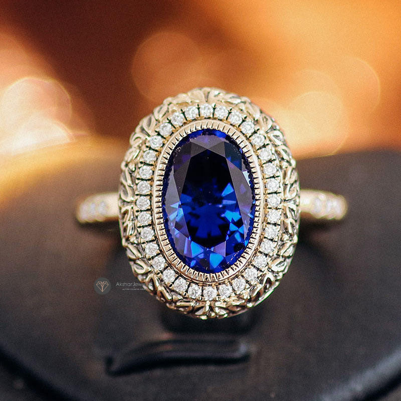 2.50CT Unique Vintage Style Halo Oval Blue Sapphire Engagement Ring, Bezel Set Ring