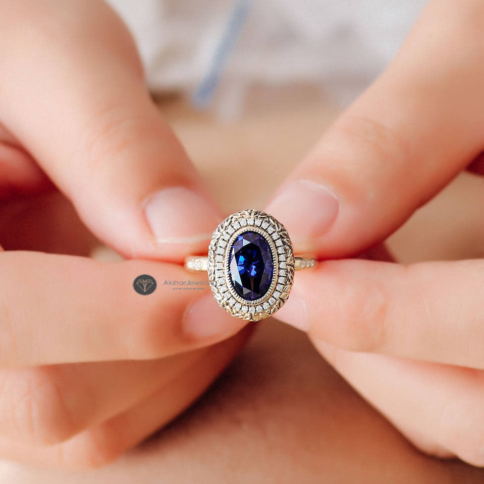 2.50CT Unique Vintage Style Halo Oval Blue Sapphire Engagement Ring, Bezel Set Ring