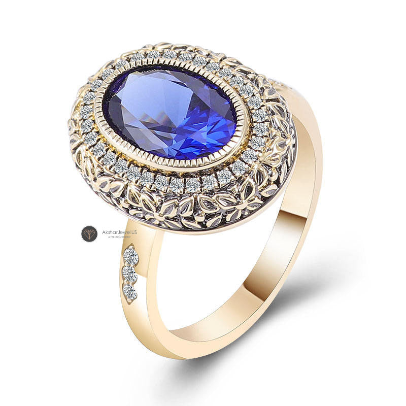 2.50CT Unique Vintage Style Halo Oval Blue Sapphire Engagement Ring, Bezel Set Ring