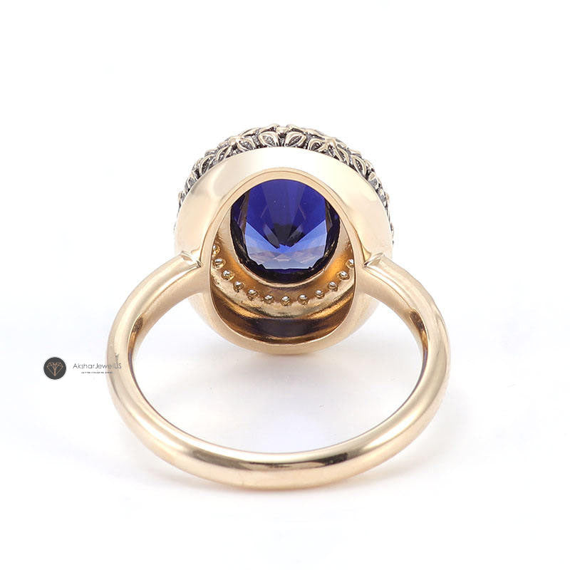 2.50CT Unique Vintage Style Halo Oval Blue Sapphire Engagement Ring, Bezel Set Ring