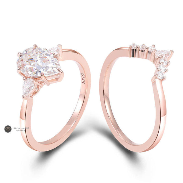 Pear Cut Lab Grown Diamond Ring Set, Pear Curved Moissanite Ring set, view 1