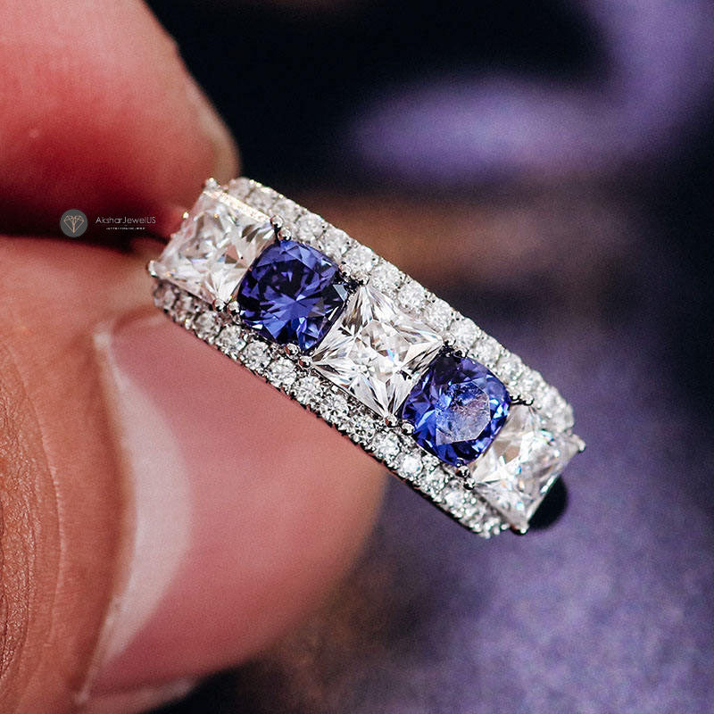 Moissanite Princess cut Engagement Ring, Unique Diamond Pave Set Bridal Ring, Blue Round Cut Promise Ring, Anniversary Gift