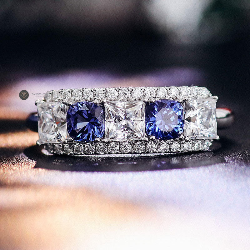 rincess Cut Moissanite Engagement Ring, Unique Diamond Pave Set Bridal Ring, Blue Round Cut Promise Ring