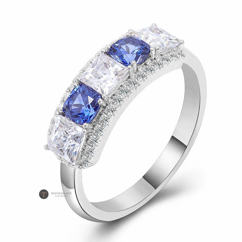 5 Stone Princess Cut Moissanite Ring, Blue Round Cut Pave Set Ring