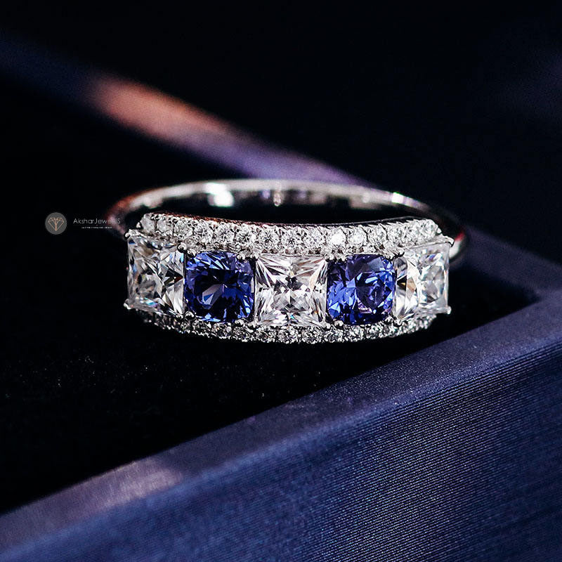 Princess Cut 5 Stone gemstone Band, Blue Round Cut Round cut Diamond Wedding Band