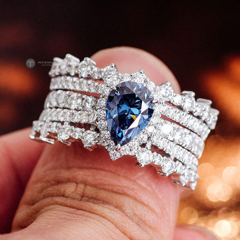 Fancy Blue Pear Moissanite Halo Engagement Ring Set