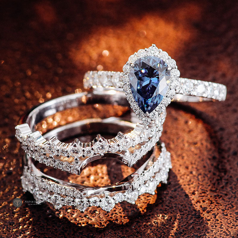 Fancy Blue Pear Moissanite Halo Engagement Ring Set