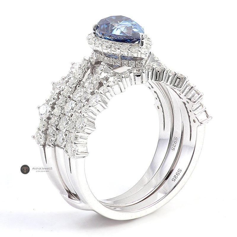 Fancy Blue Pear Moissanite Halo Engagement Ring Set