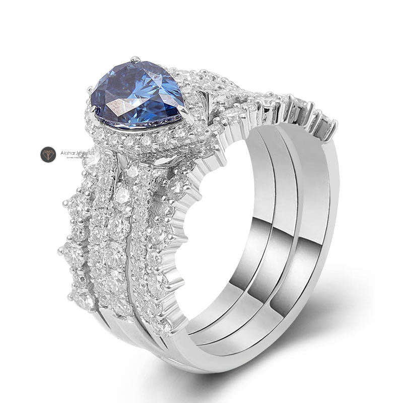 Fancy Blue Pear Moissanite Halo Engagement Ring Set