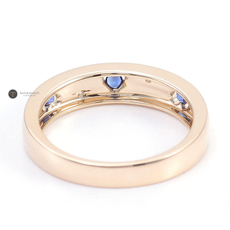 3mm Blue Round Cut Diamond Men's Band, Heart Shape Flush Set Band