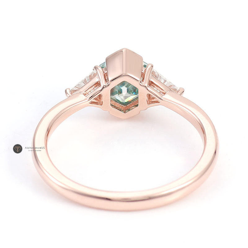 Green Hexagon Half Bezel Set Three Stone Moissanite Ring