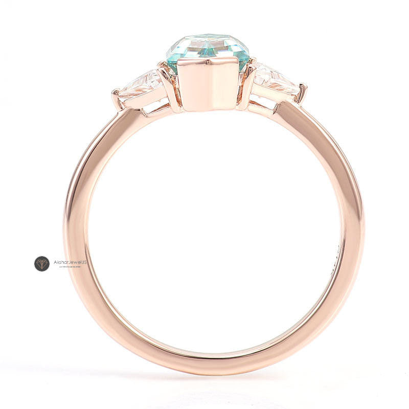 Green Hexagon Half Bezel Set Three Stone Moissanite Ring