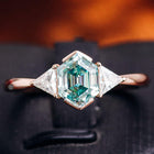 Green Hexagon Half Bezel Set Three Stone Moissanite Ring