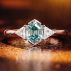 Green Hexagon Half Bezel Set Three Stone Moissanite Ring