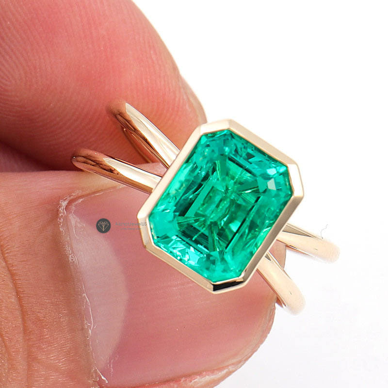 Green Emerald Cut Moissanite Bezel Set Double band Wedding Ring