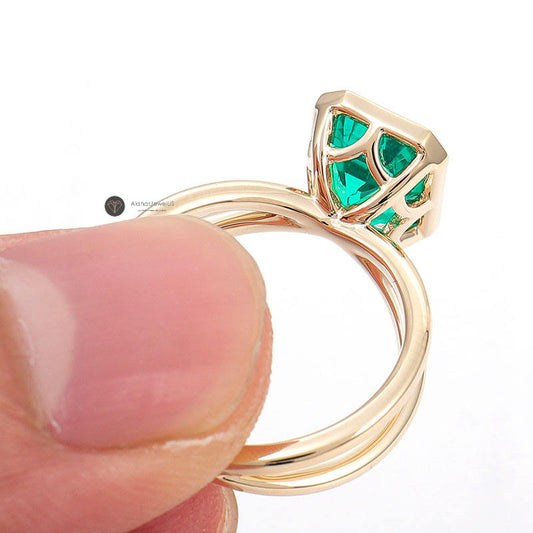 Green Emerald Cut Moissanite Bezel Set Double band Wedding Ring, view 1
