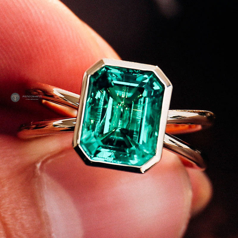 Green Emerald Cut Moissanite Bezel Set Double band Wedding Ring