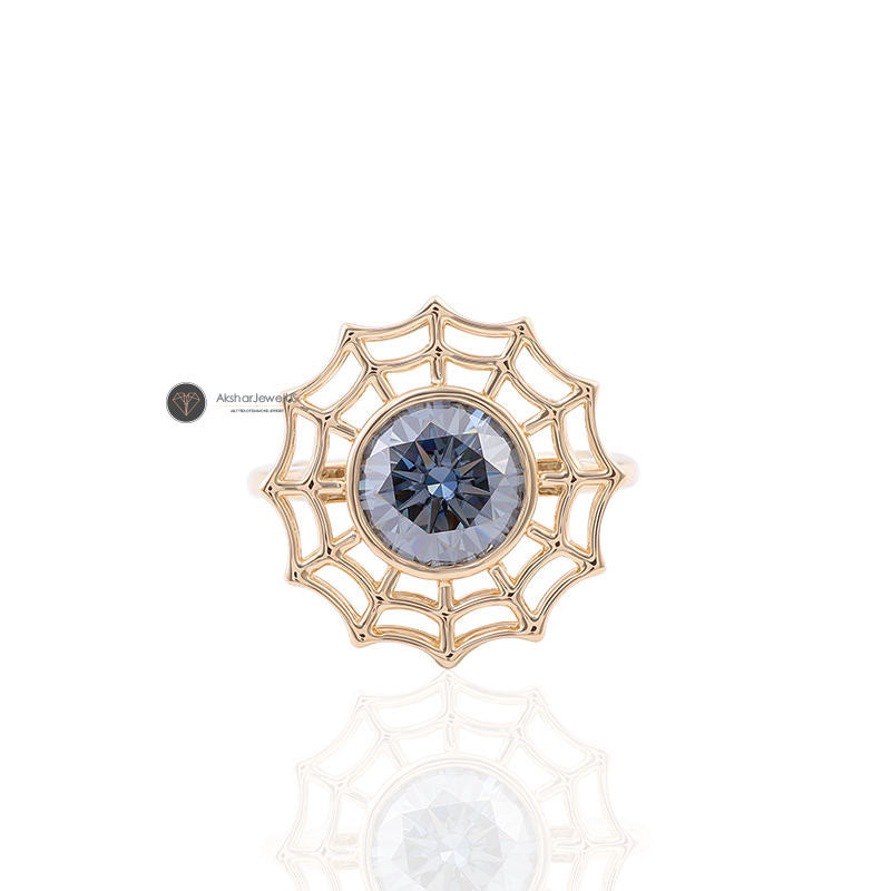 Gray Round Cut Spider Web Bezel Set Grey Moissanite Statement Ring