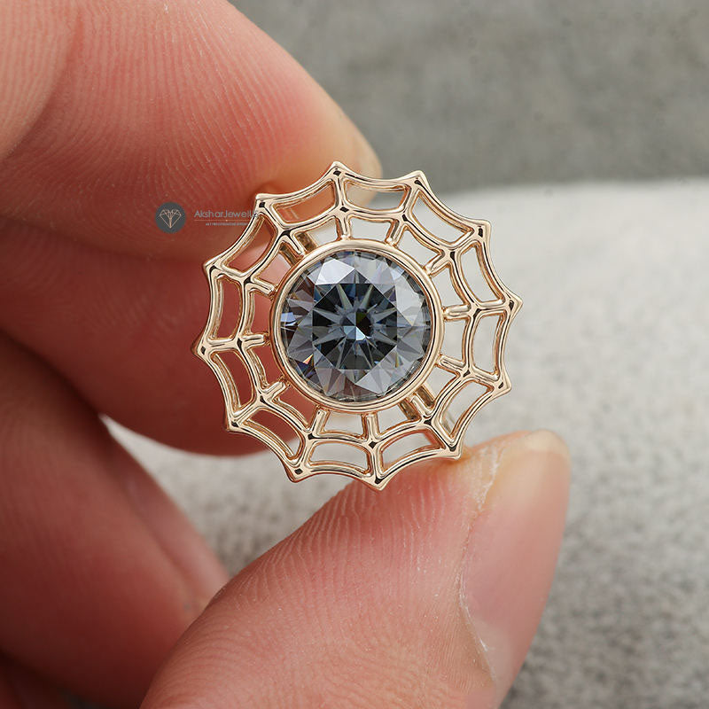 Gray Round Cut Spider Web Bezel Set Grey Moissanite Statement Ring