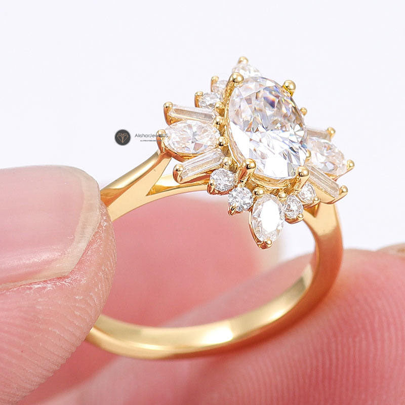 Elongated Oval Cut halo Cluster Moissanite Ring Set