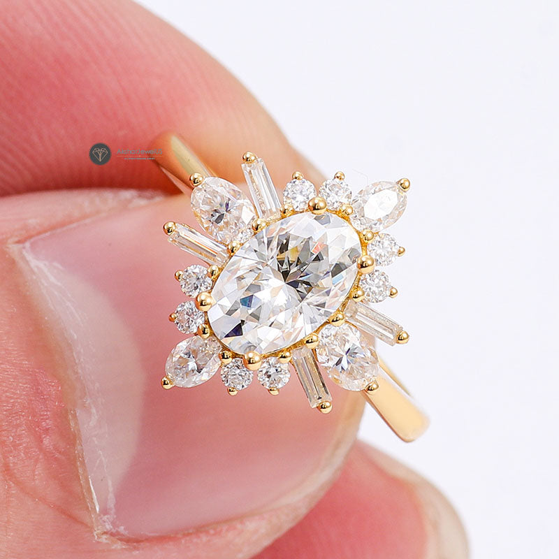 Elongated Oval Cut halo Cluster Moissanite Ring Set