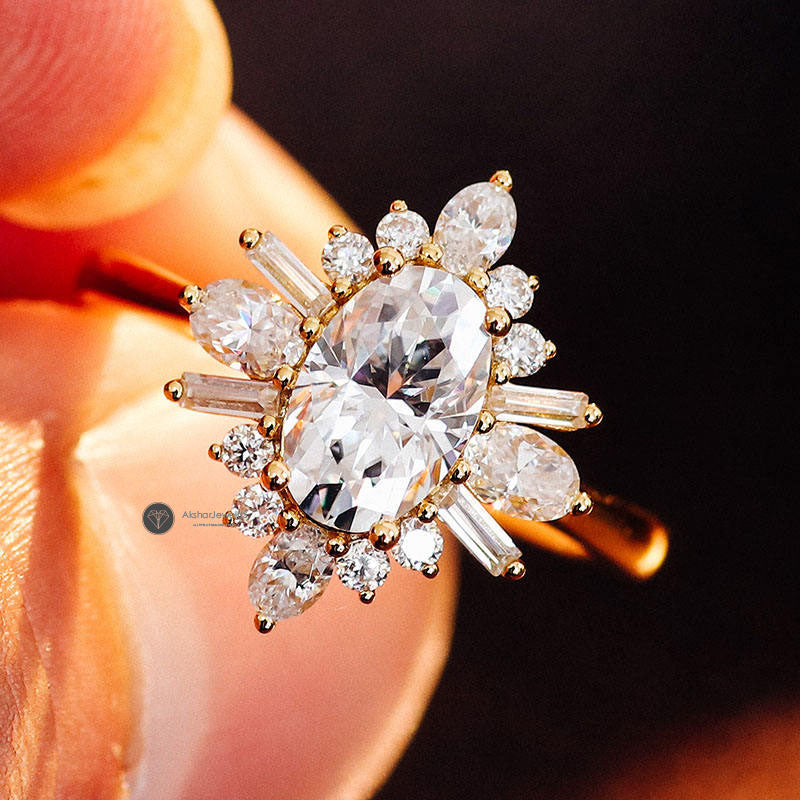 Elongated Oval Cut halo Cluster Moissanite Ring Set